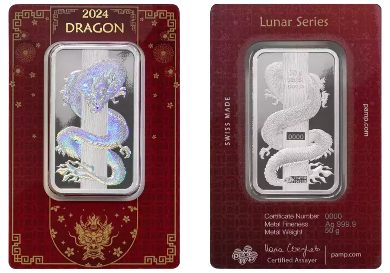 2024 50 Grams Lunar Dragon w/ Hologram Silver Bar Custom-Minted by PAMP