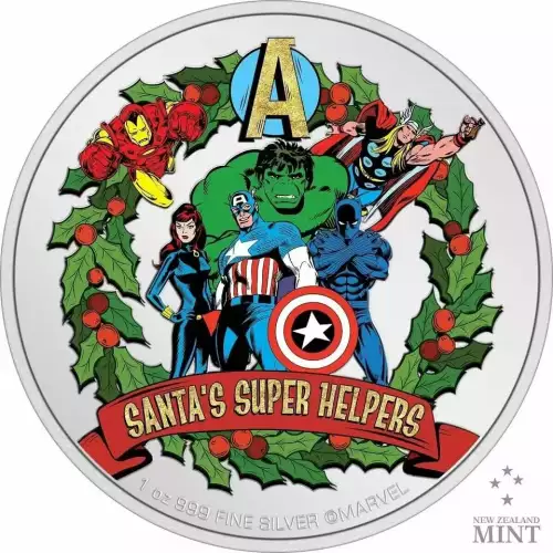 2023 Marvel Season’s Greeting Santa’s Super Helpers 1oz Silver Colorized by NIUE (2)